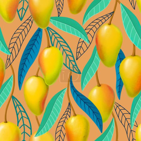 Téléchargez les photos : Seamless pattern design with hand drawn illustrations of mango fruit. Pattern for fabric, product packaging, wallpapers, home textile, wrapping paper and stationery - en image libre de droit