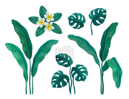 Foto de Ilustración pintada a mano de hojas y flores tropicales. Perfecto para impresiones, pegatinas, carteles, papelería, diseño de envases y otros productos - Imagen libre de derechos