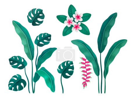 Foto de Ilustración pintada a mano de hojas y flores tropicales. Perfecto para impresiones, pegatinas, carteles, papelería, diseño de envases y otros productos - Imagen libre de derechos