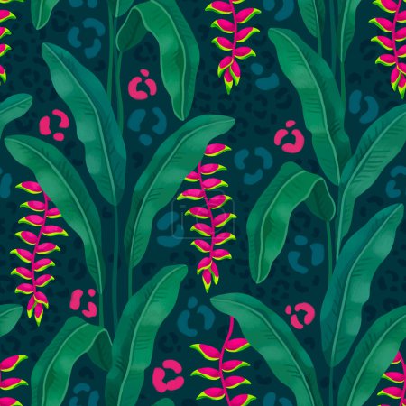 Photo for Hand painted illustration of Heliconia flower. Seamless pattern design. Tropical Leopard print. Perfect for fabrics, wallpapers, apparel, home textile, packaging design, stationery and other goods - Royalty Free Image