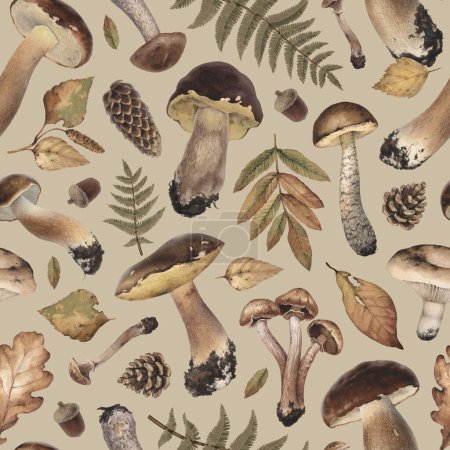 Téléchargez les photos : Illustrations aquarelles de la forêt d'automne nature : champignons, feuilles et cônes. Cottegecore conception de modèle de style. Parfait pour les tissus, papiers peints, textiles de maison, design d'emballage, papeterie et autres imprimés - en image libre de droit
