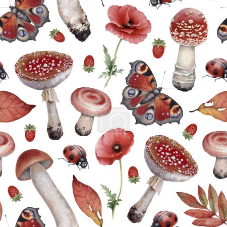 Photo for Hand painted botanical pattern design with illustrations of forest nature. Cottegecore style. Perfect for prints, fabrics, wallpapers, apparel, home textile, packaging design, posters, stationery - Royalty Free Image
