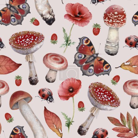 Photo for Hand painted botanical pattern design with illustrations of forest nature. Cottegecore style. Perfect for prints, fabrics, wallpapers, apparel, home textile, packaging design, posters, stationery - Royalty Free Image