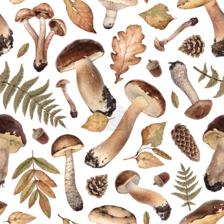 Photo for Watercolor illustrations of autumn forest nature: mushrooms, leaves and cones. Cottegecore style pattern design. Perfect for fabrics, wallpapers, home textile, packaging design, stationery and other print - Royalty Free Image