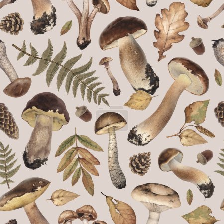 Photo for Watercolor illustrations of autumn forest nature: mushrooms, leaves and cones. Cottegecore style pattern design. Perfect for fabrics, wallpapers, home textile, packaging design, stationery and other print - Royalty Free Image