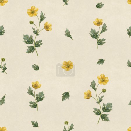 Photo for Hand painted illustrations of buttercup flowers. Seamless pattern design. Cottegecore print. Perfect for fabrics, wallpapers, apparel, home textile, packaging design, stationery and other goods - Royalty Free Image