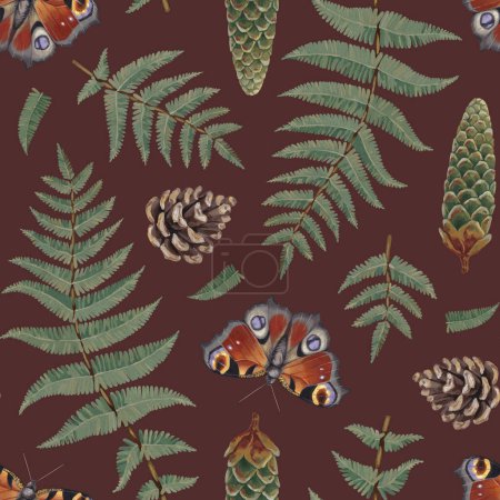 Photo for Seamless pattern design with acrylic illustrations of fern, pine cone and butterfly. Cottegecore style. Perfect for fabric, home textile, wallpaper, packaging design, stationery and other goods - Royalty Free Image