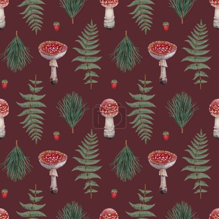 Photo for Hand painted pattern design with acrylic illustrations of fly agaric and forest botanica. Perfect for prints, fabrics, wallpapers, apparel, home textile, packaging design, stationery - Royalty Free Image