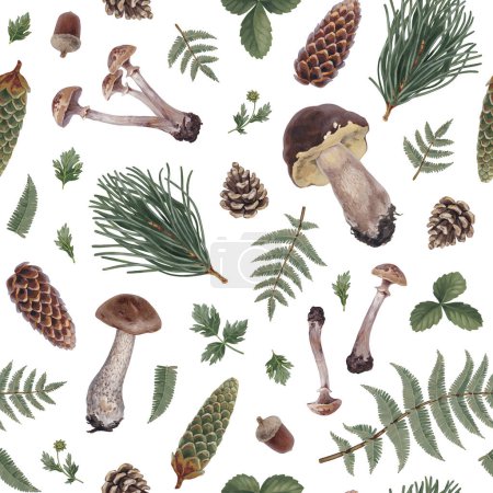 Photo for Hand painted acrylic botanical illustrations of forest nature. Cottegecore style pattern design. Perfect for fabrics, wallpapers, apparel, home textile, packaging design, posters, stationery and other printed goods - Royalty Free Image