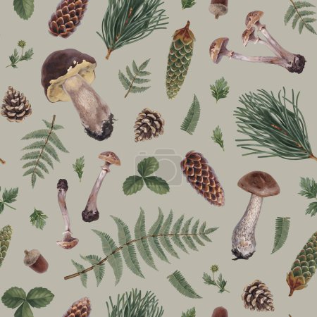 Photo for Hand painted acrylic botanical illustrations of forest nature. Cottegecore style pattern design. Perfect for fabrics, wallpapers, apparel, home textile, packaging design, posters, stationery and other printed goods - Royalty Free Image