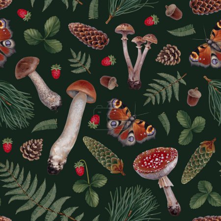 Photo for Hand painted botanical pattern design with acrylic illustrations of forest nature. Cottegecore style. Perfect for prints, fabrics, wallpapers, apparel, home textile, packaging design, posters, stationery - Royalty Free Image