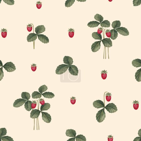 Photo for Hand painted illustrations of Strawberries. Seamless pattern design. Cottegecore print. Perfect for fabrics, wallpapers, apparel, home textile, packaging design, stationery and other goods - Royalty Free Image