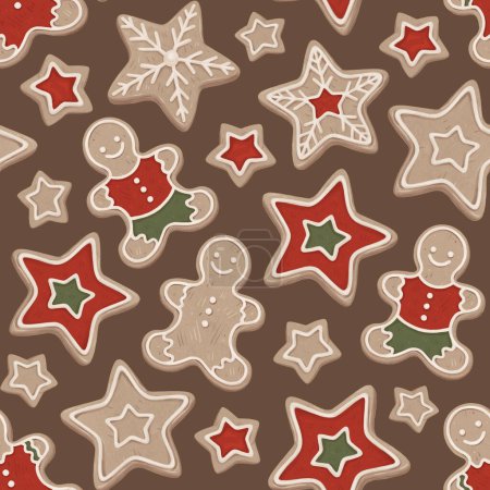 Photo for Christmas seamless pattern. Gingerbread Man and star cookies. Perfect for wrapping paper, packaging design, seasonal home textile, greeting cards and other printed goods - Royalty Free Image
