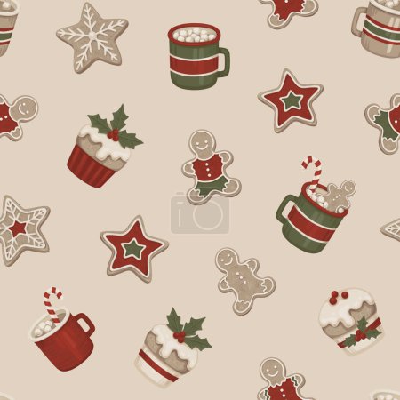 Photo for Christmas seamless pattern. Gingerbread cookies, Christmas dessers and drinks. Perfect for wrapping paper, packaging design, seasonal home textile, greeting cards and other printed goods - Royalty Free Image