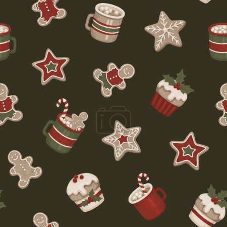Photo for Christmas seamless pattern. Gingerbread cookies, Christmas dessers and drinks. Perfect for wrapping paper, packaging design, seasonal home textile, greeting cards and other printed goods - Royalty Free Image