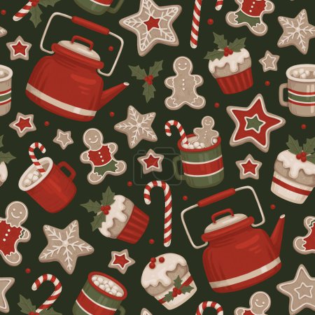 Photo for Christmas seamless pattern. Hygge time. Gingerbread cookies, Christmas dessers and drinks. Perfect for wrapping paper, packaging design, seasonal home textile, greeting cards and other printed goods - Royalty Free Image