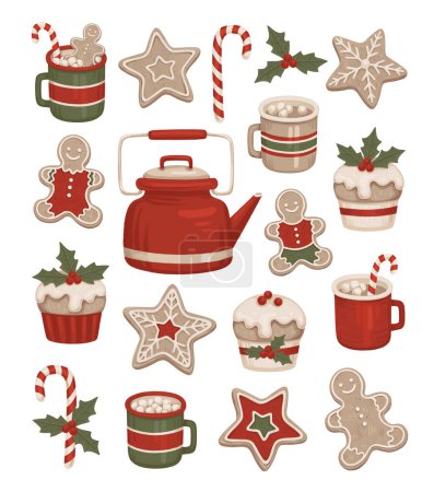Photo for Hand drawn illustrations of gingerbread cookies, Christmas dessers and drinks. Hygge time. Perfect for greeting cards, packaging design, seasonal home textile, stickers, wrapping paper and other printed goods - Royalty Free Image
