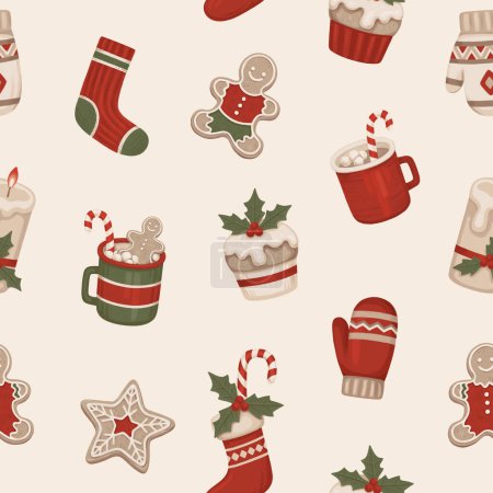 Photo for Christmas seamless pattern. Christmas decorations, dessers and drinks. Perfect for wrapping paper, packaging design, seasonal home textile, greeting cards and other printed goods - Royalty Free Image