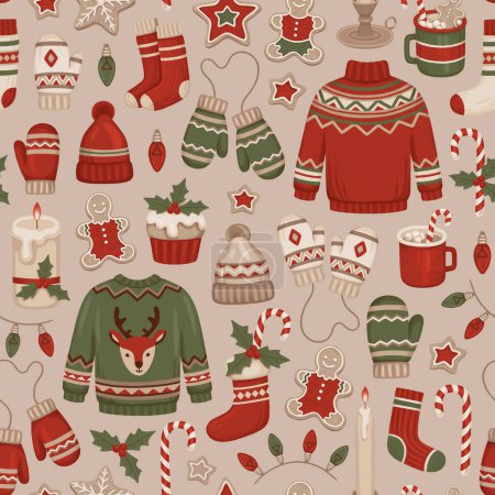 Photo for Seamless pattern with Christmas decorations, clothes, drinks and desserts. Hygge time. Perfect for wrapping paper, packaging design, seasonal home textile, greeting cards and other printed goods - Royalty Free Image