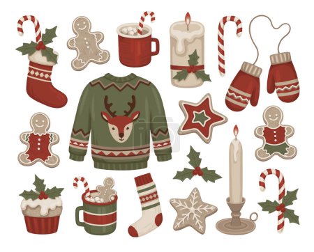 Photo for Hand-drawn illustrations of Christmas decorations, clothes, drinks and desserts. Hygge time. Perfect for stickers, wrapping paper, packaging design, seasonal home textile, greeting cards and other printed goods - Royalty Free Image