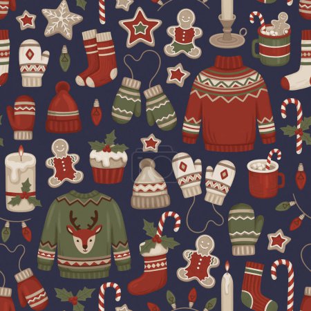 Photo for Seamless pattern with Christmas decorations, clothes, drinks and desserts. Hygge time. Perfect for wrapping paper, packaging design, seasonal home textile, greeting cards and other printed goods - Royalty Free Image