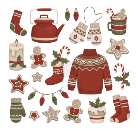 Photo for Hand-drawn illustrations of Christmas decorations, clothes, drinks and desserts. Hygge time. Perfect for stickers, wrapping paper, packaging design, seasonal home textile, greeting cards and other printed goods - Royalty Free Image