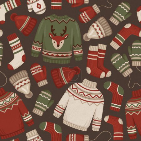 Photo for Hand drawn seamless pattern with winter knitwear illustrations. Hygge time. Perfect for wrapping paper, packaging design, seasonal home textile, greeting cards and other printed goods - Royalty Free Image