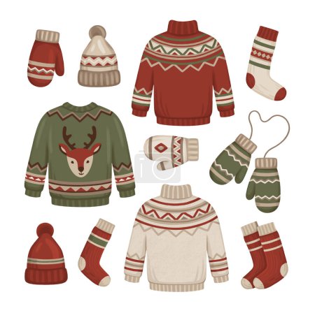 Photo for Hand drawn illustrations of winter knitted clothes and accessories. Hygge time. Perfect for stickers, wrapping paper, seasonal packaging design, posters, greeting cards and other printed goods - Royalty Free Image