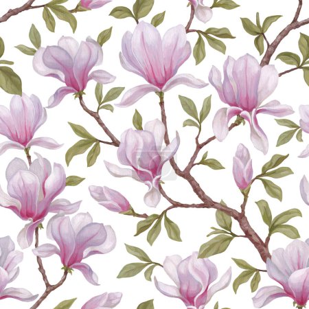 Foto de Ilustraciones acrílicas pintadas a mano de flores de magnolia. Diseño de patrón sin costuras. Perfecto para telas, fondos de pantalla, ropa, textiles para el hogar, diseño de envases y otras impresiones - Imagen libre de derechos