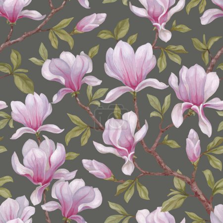 Photo for Hand painted acrylic illustrations of magnolia flowers. Seamless pattern design. Perfect for fabrics, wallpapers, clothes, home textile, packaging design and other prints - Royalty Free Image