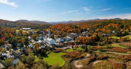 Photo for Panoramic aerial view of the town of Stowe in Vermont in the fall - Royalty Free Image