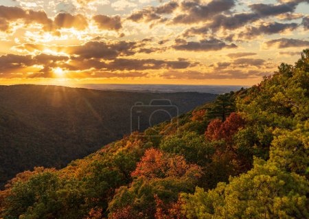 Téléchargez les photos : Coucher de soleil derrière les nuages illuminant les couleurs automnales des arbres dans la forêt d'État de Coopers Rock - en image libre de droit