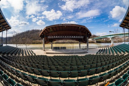 Photo for Fish eye wide angle lens view of the Ruby Amphitheater by the river in Morgantown West Virginia in spring - Royalty Free Image