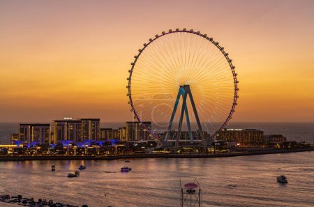 Photo for Dubai, UAE - 2 April 2023: Lights on structure of Ain Dubai Observation Wheel on BlueWaters Island - Royalty Free Image