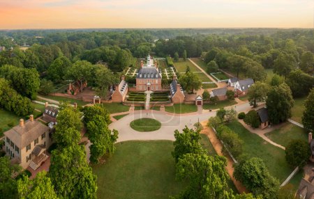 Photo for Drone view of front facade of Governors Palace in Williamsburg Virginia at dawn - Royalty Free Image