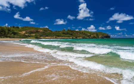 Téléchargez les photos : Kahili ou Rock Quarry plage par une journée ensoleillée d'été regardant vers Kilauae que les vagues s'écrasent sur la plage de sable fin - en image libre de droit