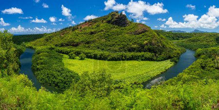 Téléchargez les photos : Panorama dramatique de la célèbre rivière Wailua qui coule près de Secret Grotto sur la côte est de l'île hawaïenne de Kauai - en image libre de droit