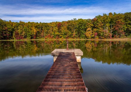 Téléchargez les photos : Changement de feuilles en automne avec passerelle métallique et plate-forme dans un réservoir calme à Coopers Rock State Forest près de Morgantown, WV - en image libre de droit