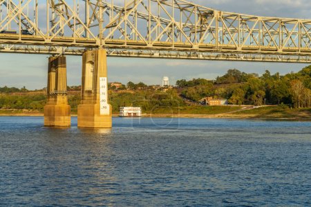 Photo for Clearance gauge shows extreme low water conditions on Mississippi river under John R Junkin bridge at Natchez MS in October 2023 - Royalty Free Image