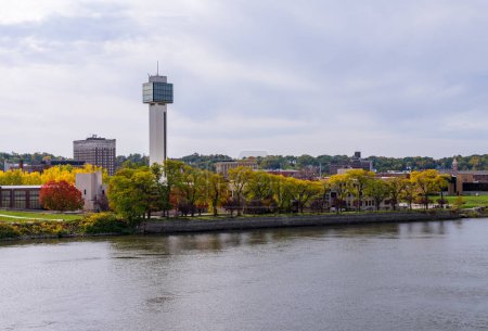 Panorama of downtown Moline in Illinois seen from the I-74 interstate bridge along Mississippi River