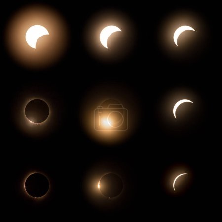Composite of 9 images of the solar eclipse in 2024 from start through total eclipse. Beginning of the uncovering of the sun with the Bailys Beads