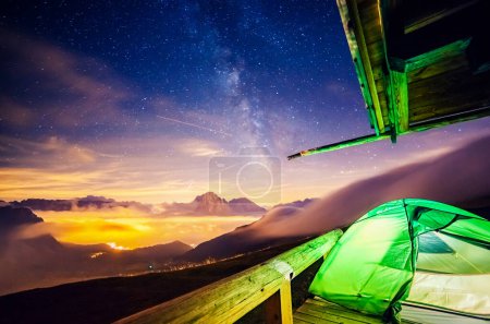 Photo for Sassolungo (Langkofel) and Sella group under starry light. Natural park Dolomites, valley Gardena, South Tyrol. Location Ortisei, S. Cristina and Selva, Italy, Europe. Astrophotography. Beauty world. - Royalty Free Image