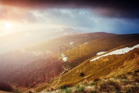 Photo for Great view of the snow hills which glowing by sunlight. Dramatic and picturesque scene. Location place Carpathian, Ukraine, Europe. Beauty world. Retro and vintage style. Instagram toning effect. - Royalty Free Image