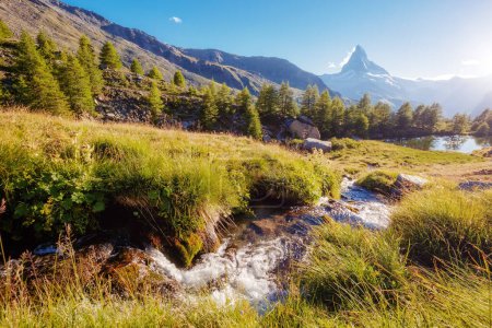 Photo for Scenic surroundings with famous peak Matterhorn in alpine valley. Dramatic and picturesque scene. Location place Swiss alps, Grindjisee, Valais region, Europe. Discover the world of beauty. - Royalty Free Image