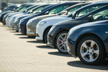 row of used cars. Rental or automobile sale services at dealer place