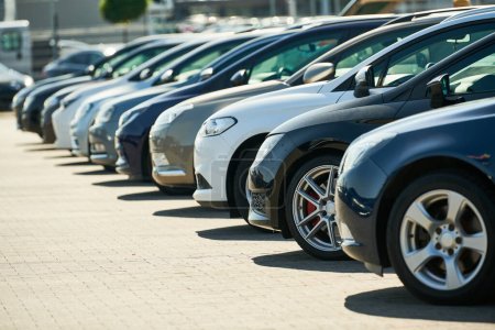 row of used cars. Rental or automobile sale services at dealer place-stock-photo