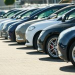 Row of used cars. Rental or automobile sale services at dealer place