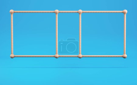 Abstract wooden geometrical frame shape on bright blue background 3d rendering
