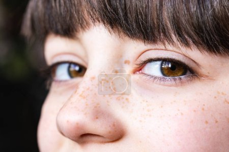Téléchargez les photos : Plan macro capturant les yeux bruns et les taches de rousseur d'un jeune enfant avec des détails étonnants et de la clarté - Gros plan du visage taches de rousseur de l'enfant avec des yeux expressifs - en image libre de droit