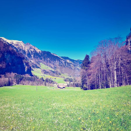 Téléchargez les photos : Petit village haut placé dans les Alpes suisses, effet Instagram - en image libre de droit